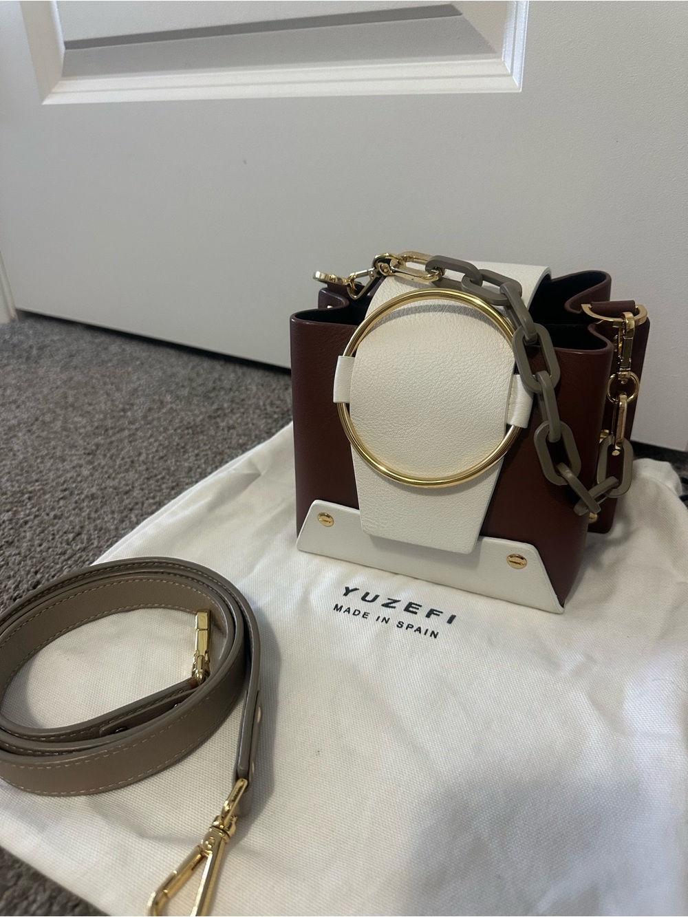 Yuzefi White, Brown and Taupe Leather Mini Tote with Gold Ring